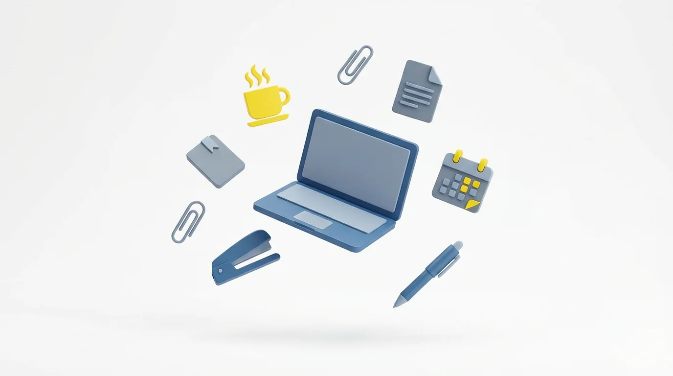 A collection of modern 3D office icons, including a laptop, coffee mug, and file folder, in a blue, gray, and yellow color scheme, floating against a clean white background.