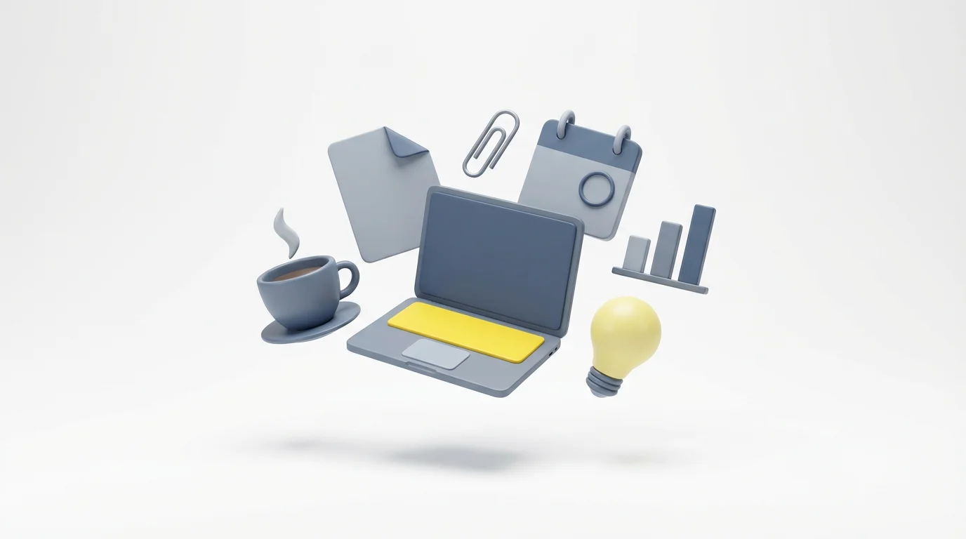 A set of modern 3D office-themed icons, including a laptop, coffee cup, and lightbulb, floating against a clean white background.