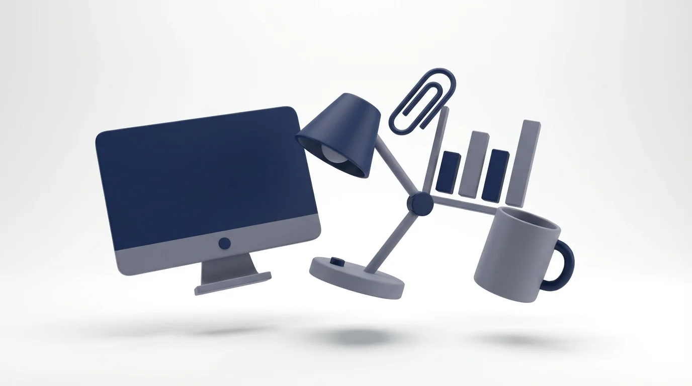 A collection of modern, minimalist 3D office icons in blue and gray, including a monitor, lamp, and paperclip, floating against a clean white background.