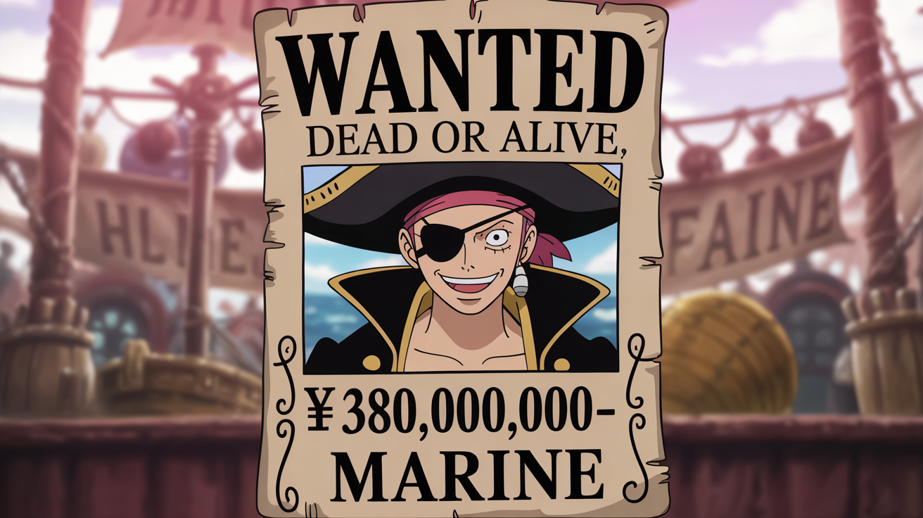 A high-quality wanted poster designed in the style of the anime 'One Piece', featuring a female pirate named 'Crimson Kate' with a bounty of 380,000,000 berries. The poster looks authentic, with aged paper and correct typography.