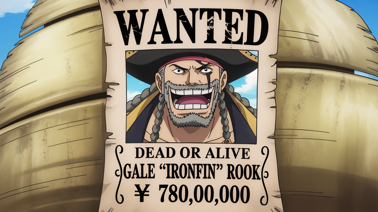 A mockup of a 'One Piece' style wanted poster for a fictional pirate named 'Gale 'Ironfin' Rook', featuring his illustration, the text 'WANTED DEAD OR ALIVE', and a bounty of 780,000,000, all on an aged paper background.