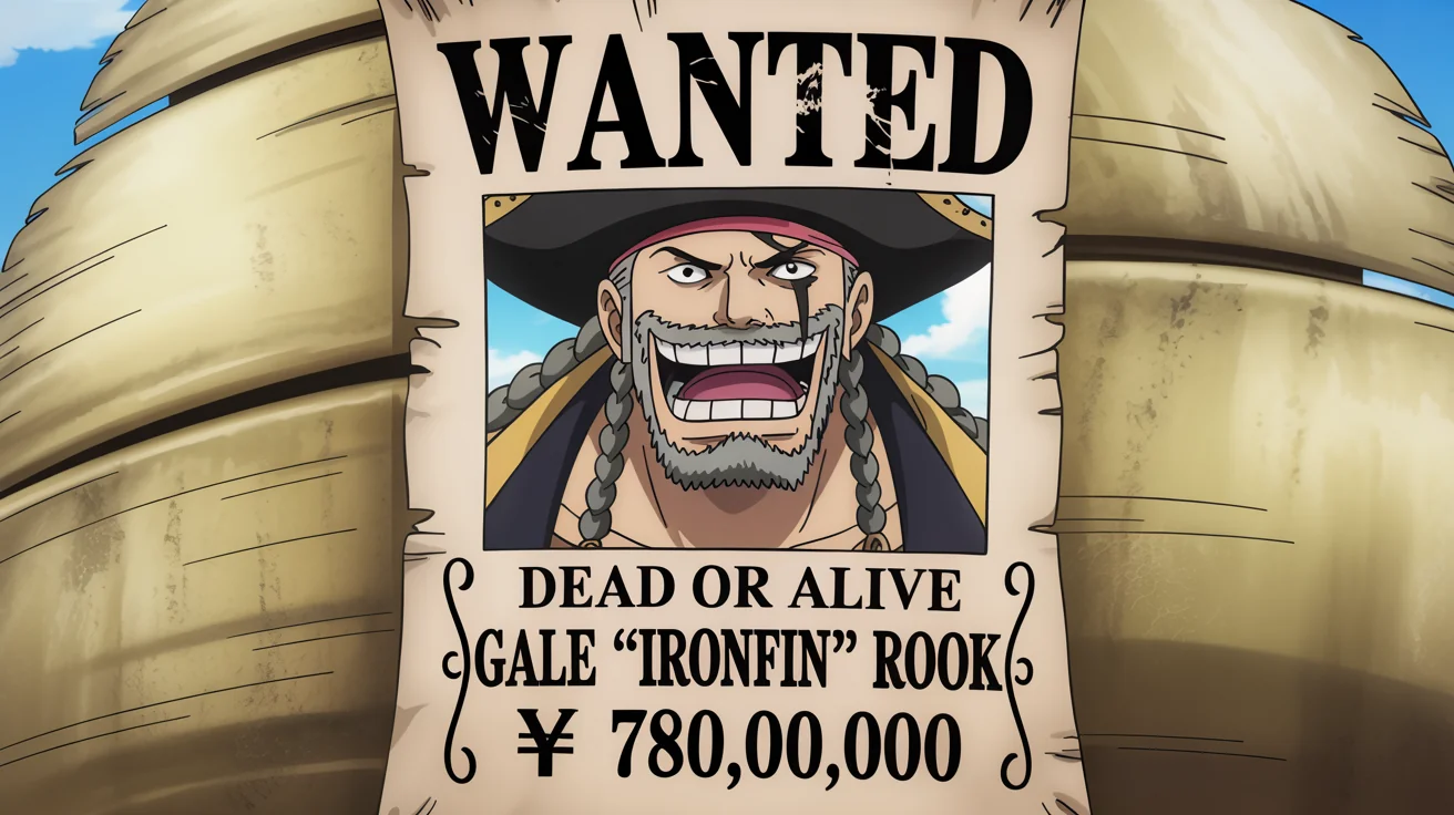 A mockup of a 'One Piece' style wanted poster for a fictional pirate named 'Gale 'Ironfin' Rook', featuring his illustration, the text 'WANTED DEAD OR ALIVE', and a bounty of 780,000,000, all on an aged paper background.