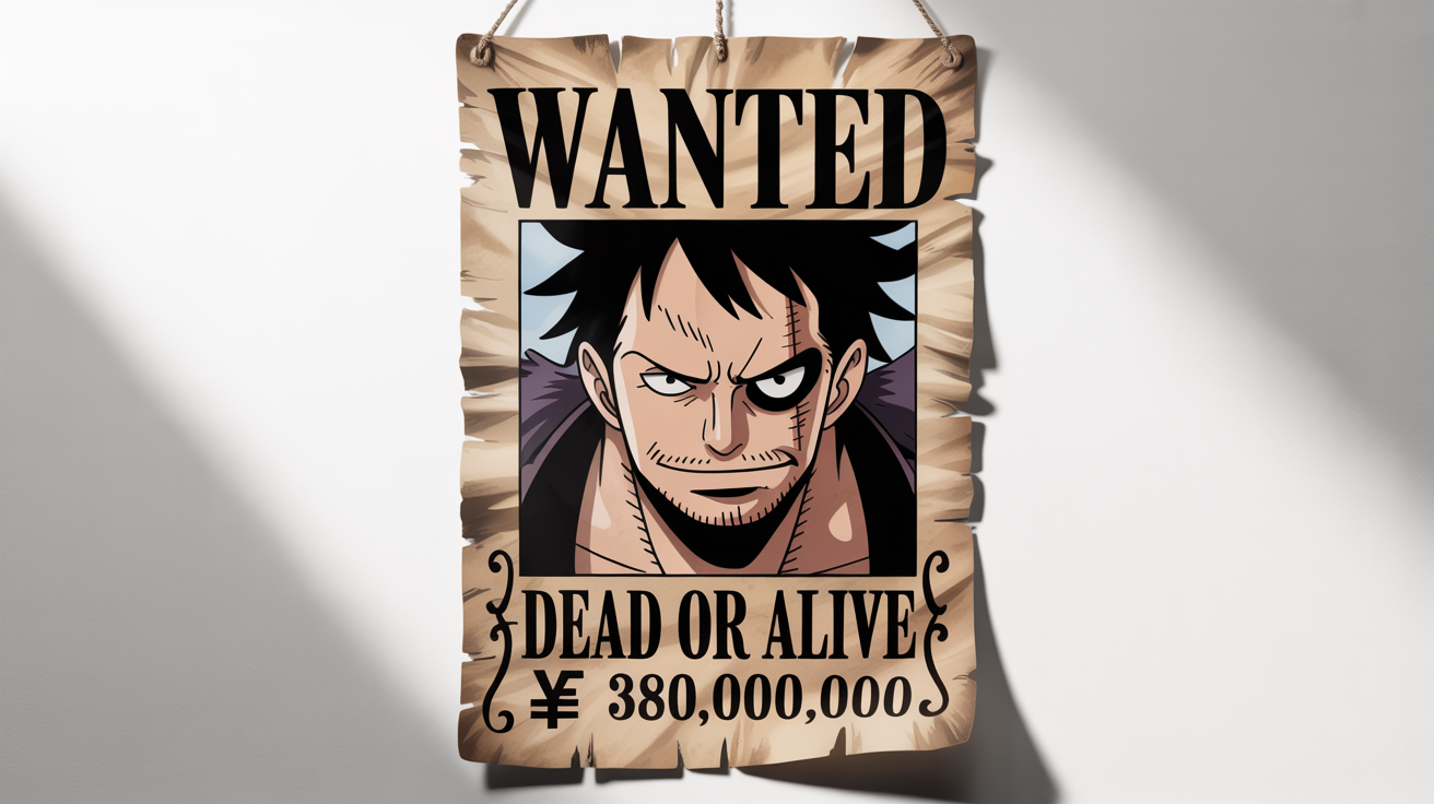 A wanted poster designed in the iconic style of the anime 'One Piece', featuring a fictional pirate named 'Jet The Gale Hawk' with a bounty of 380,000,000 berries, displayed as a mockup on a plain white background.