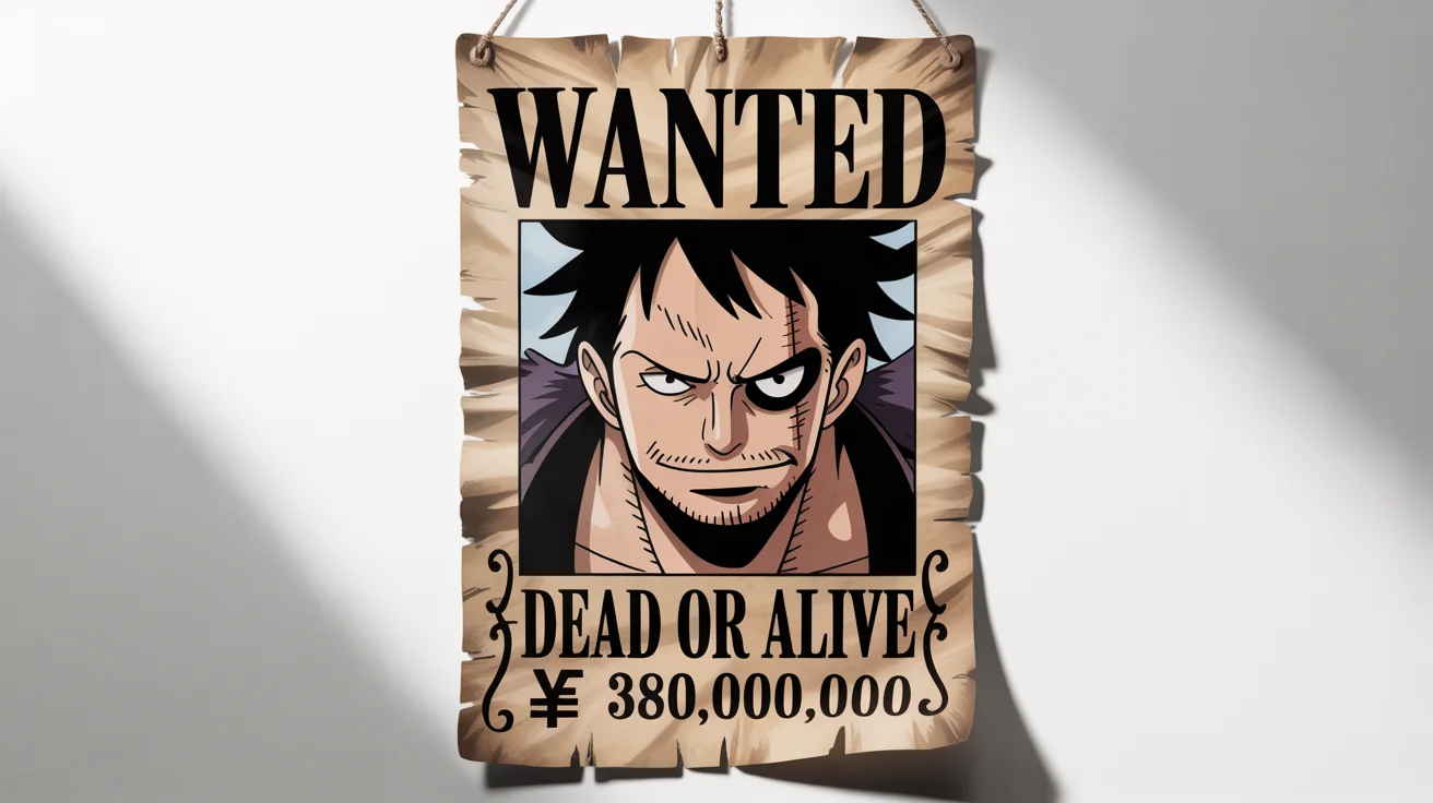 A wanted poster designed in the iconic style of the anime 'One Piece', featuring a fictional pirate named 'Jet The Gale Hawk' with a bounty of 380,000,000 berries, displayed as a mockup on a plain white background.