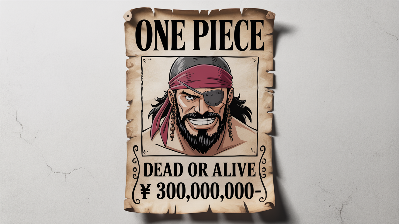 A wanted poster in the style of the anime One Piece, featuring a fictional pirate named 'Iron Beard' Drake with a bounty of 300,000,000, displayed on a white background.