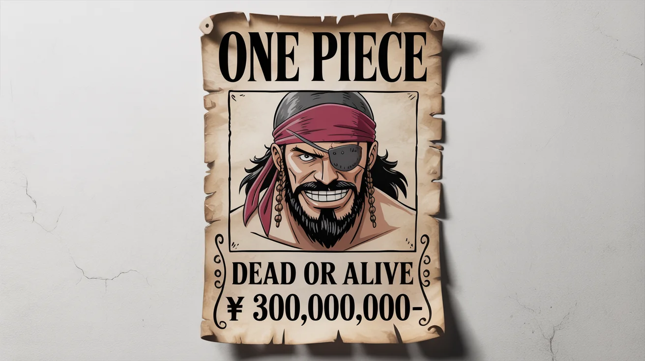 A wanted poster in the style of the anime One Piece, featuring a fictional pirate named 'Iron Beard' Drake with a bounty of 300,000,000, displayed on a white background.