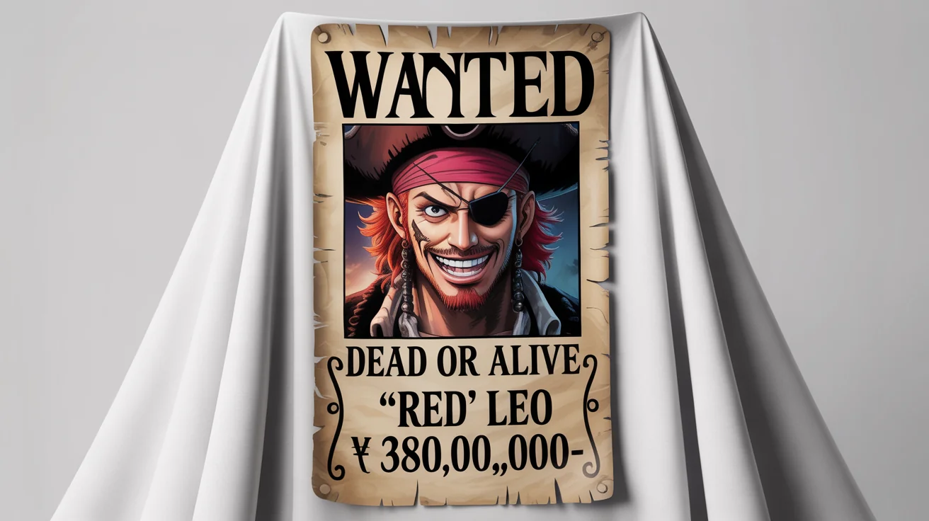 A mockup of a 'One Piece' style wanted poster for a fictional pirate named 'Red' Leo. The poster is on aged paper and shows a bounty of 380,000,000, all set against a clean white background.