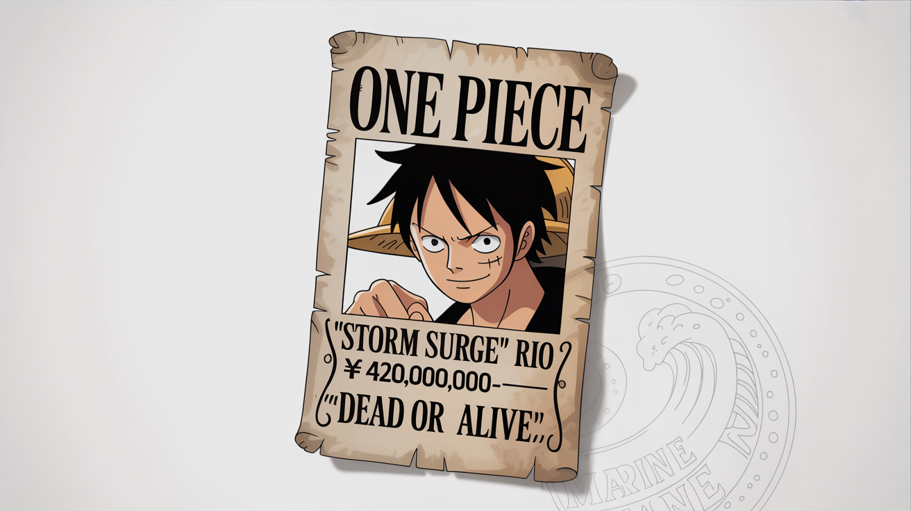 A mockup of a 'One Piece' style wanted poster for a fictional pirate named 'Storm Surge' Rio with a bounty of 420,000,000 berries, displayed on a white background.