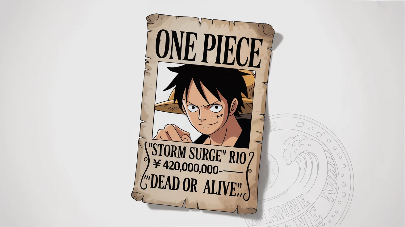 A mockup of a 'One Piece' style wanted poster for a fictional pirate named 'Storm Surge' Rio with a bounty of 420,000,000 berries, displayed on a white background.