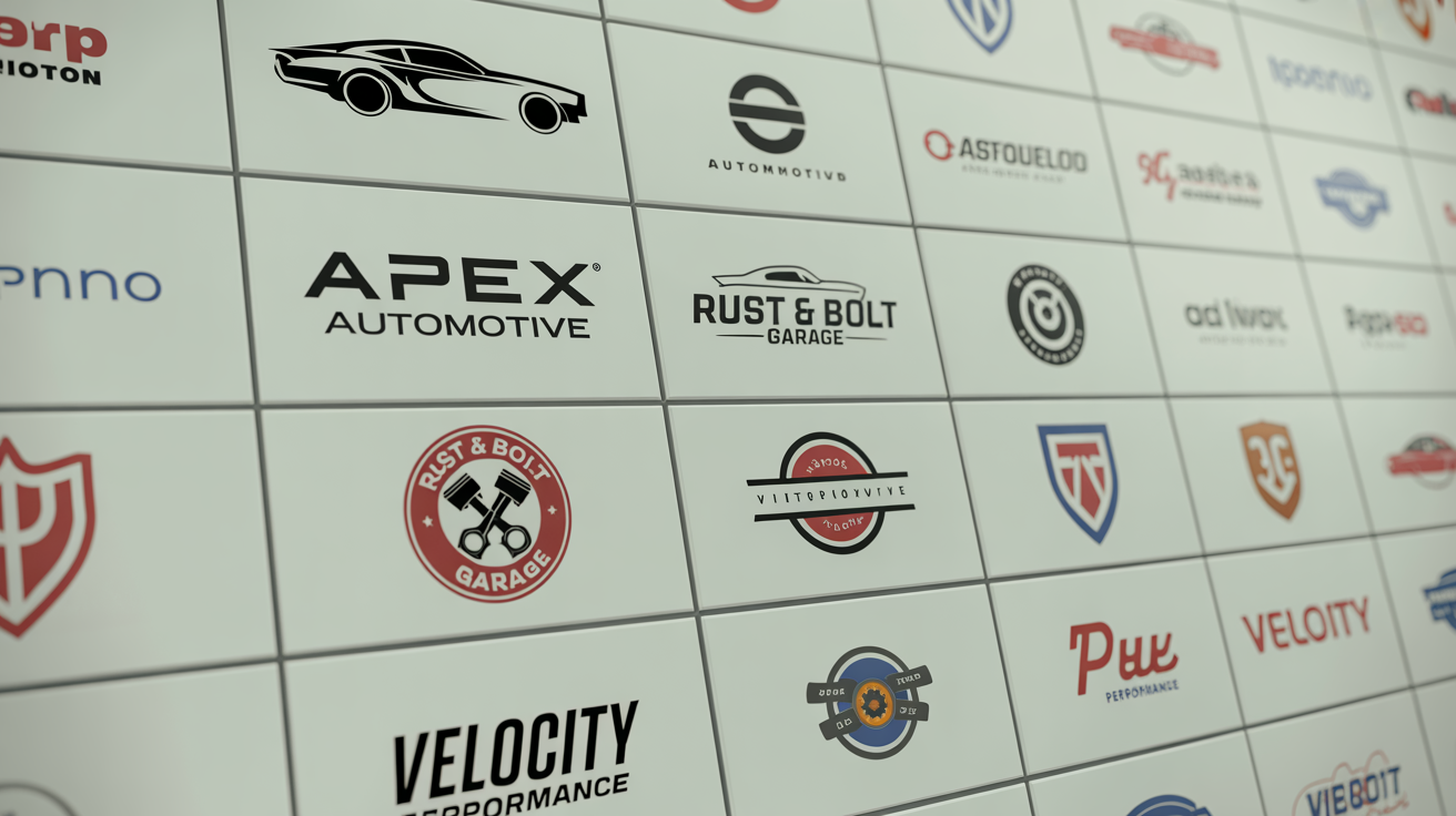 A showcase of several professionally designed logos for auto shops, including a modern design for 'Apex Automotive' and a retro emblem for 'Rust & Bolt Garage'.