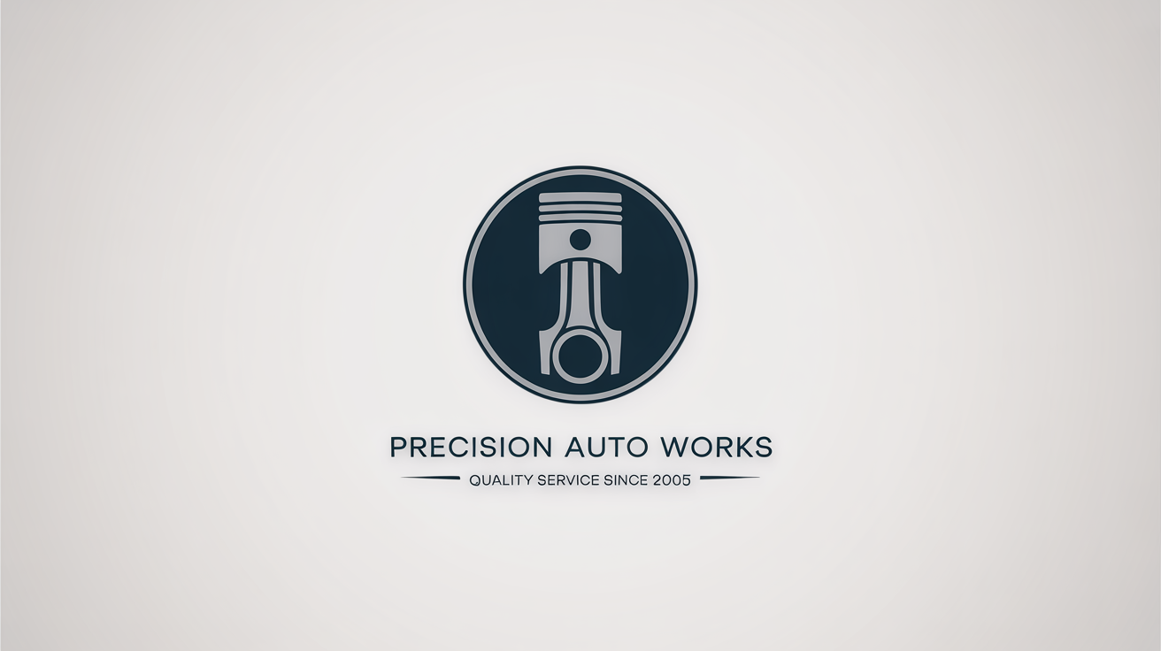 A professional logo for an auto shop named 'Precision Auto Works', featuring a silver wrench and piston in a navy blue emblem, set against a clean white background.