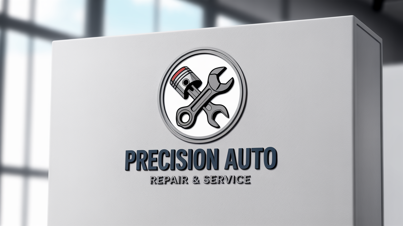 A modern circular logo for 'Precision Auto Repair & Service', featuring a stylized icon of a crossed piston and wrench. The logo is presented as a clean mockup on a white background.