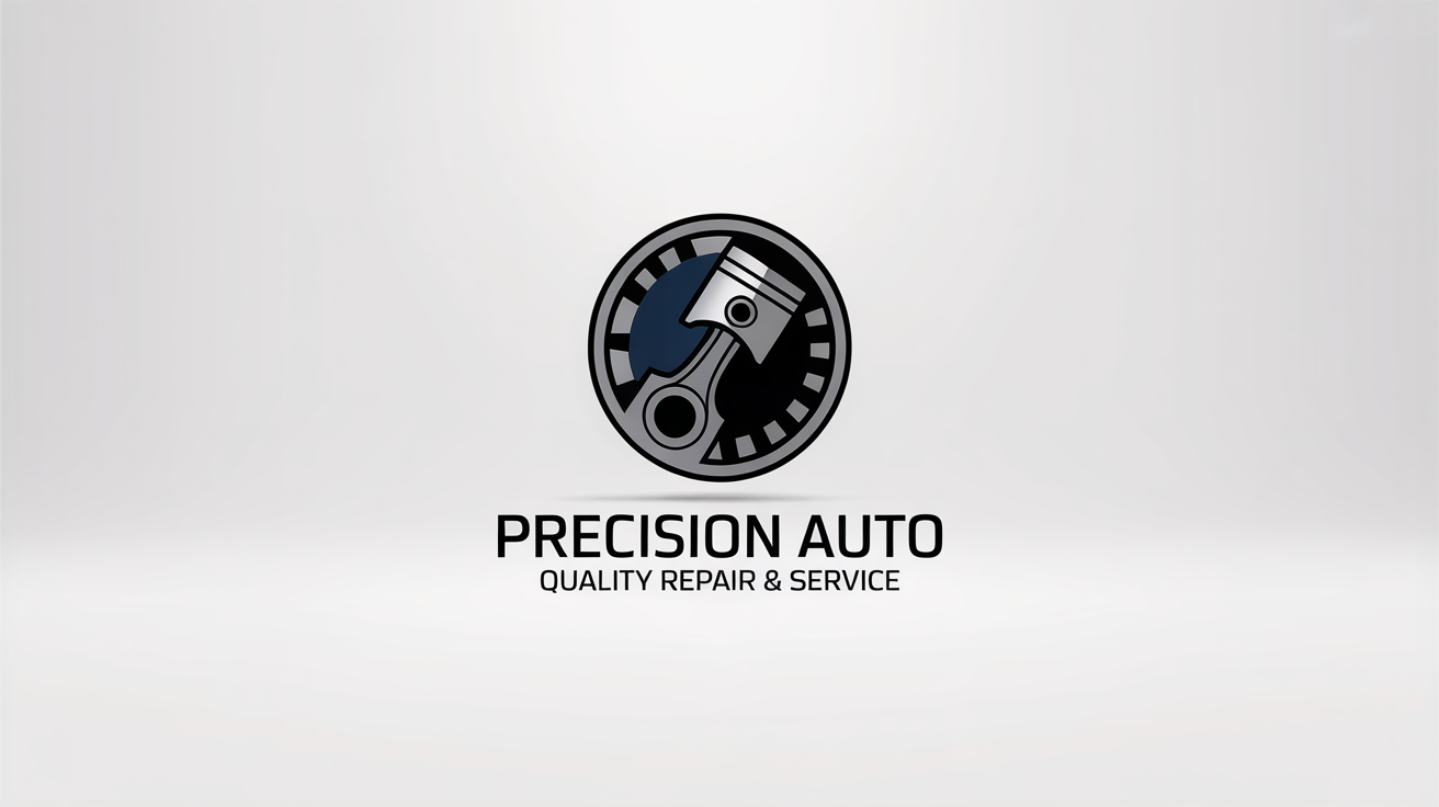 A modern logo for an auto shop named 'Precision Auto'. The design features an emblem with automotive symbols in navy blue, gray, and red, presented on a clean white background.