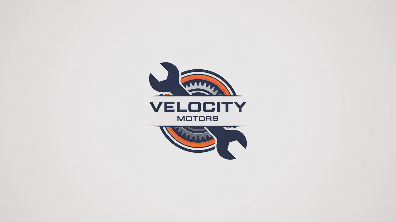 A professional logo mockup for an auto shop named 'Velocity Motors', featuring a wrench and gear emblem in navy blue, silver, and orange, displayed on a white background.
