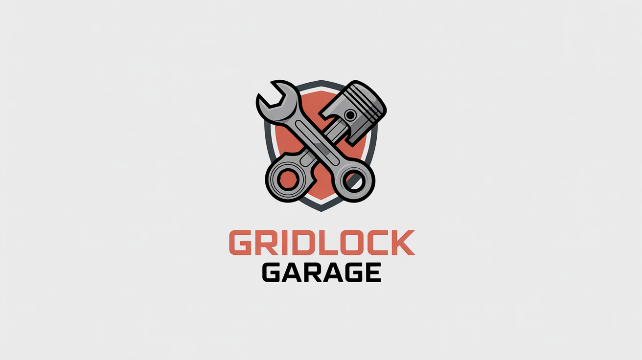 A professional logo for 'Gridlock Garage' featuring a silver wrench and piston on a shield, displayed on a white background.