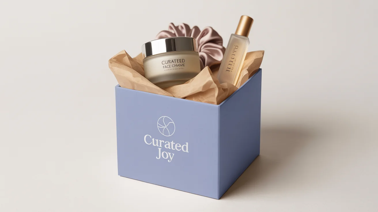 A chic, pastel blue subscription box with 'Curated Joy' written on it, displayed on a white background with luxury items like face cream and perfume spilling out.
