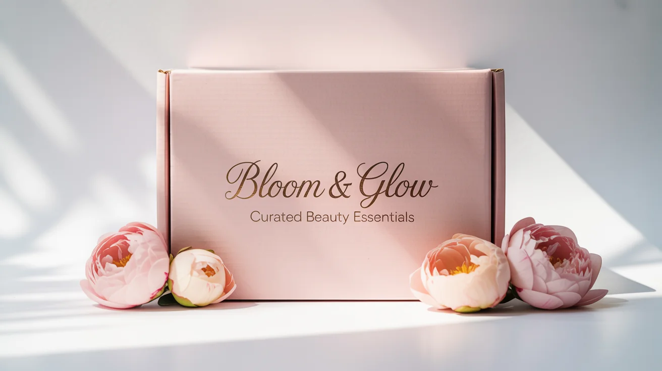 A luxurious pastel pink subscription box with 'Bloom & Glow' written in gold foil, presented as a high-quality product mockup on a white background.