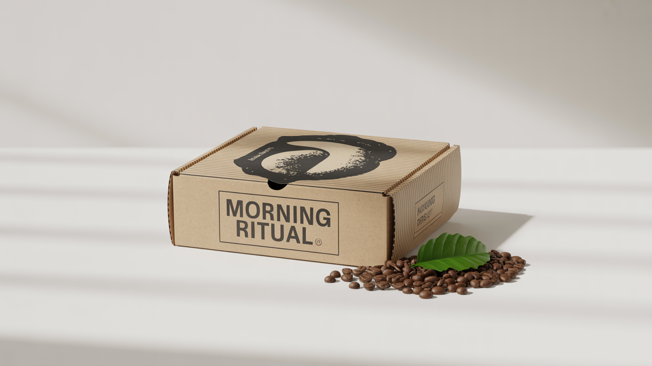 A mockup of a modern, earthy subscription box for an artisanal coffee brand named 'Morning Ritual', shown on a white background with coffee beans nearby.