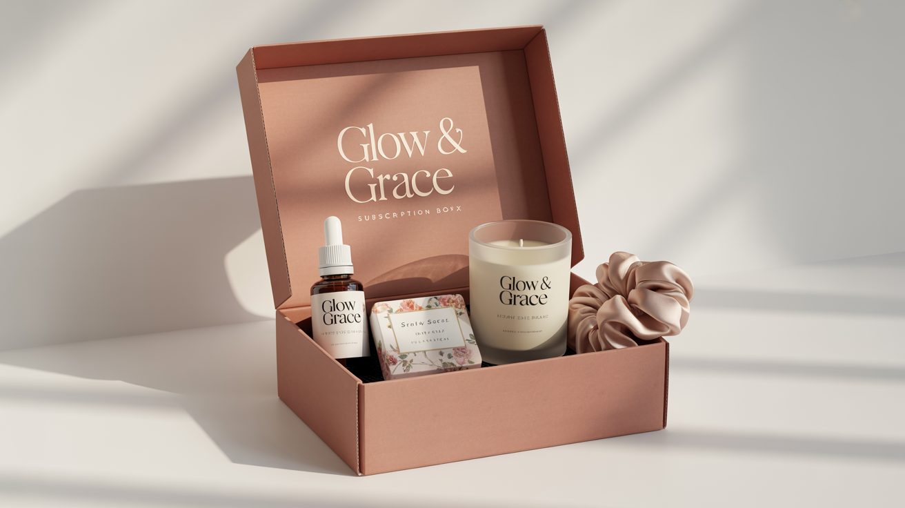 A chic, dusty rose subscription box with the brand 'Glow & Grace' in gold, displayed on a white background with luxury self-care products like serum and a candle spilling out.