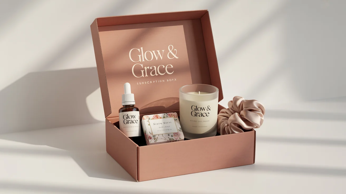 A chic, dusty rose subscription box with the brand 'Glow & Grace' in gold, displayed on a white background with luxury self-care products like serum and a candle spilling out.