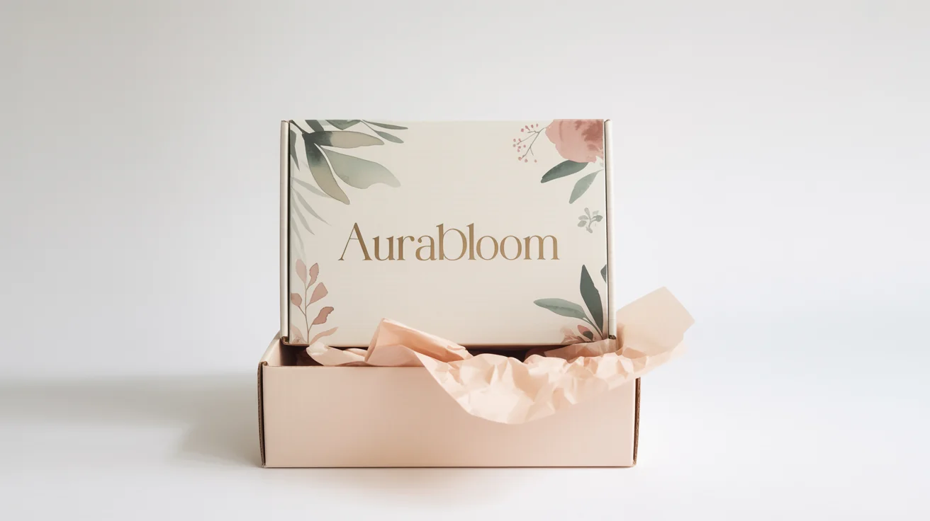A beautifully designed subscription box with a floral pattern and the brand name 'AuraBloom' in gold foil, set against a clean white background.