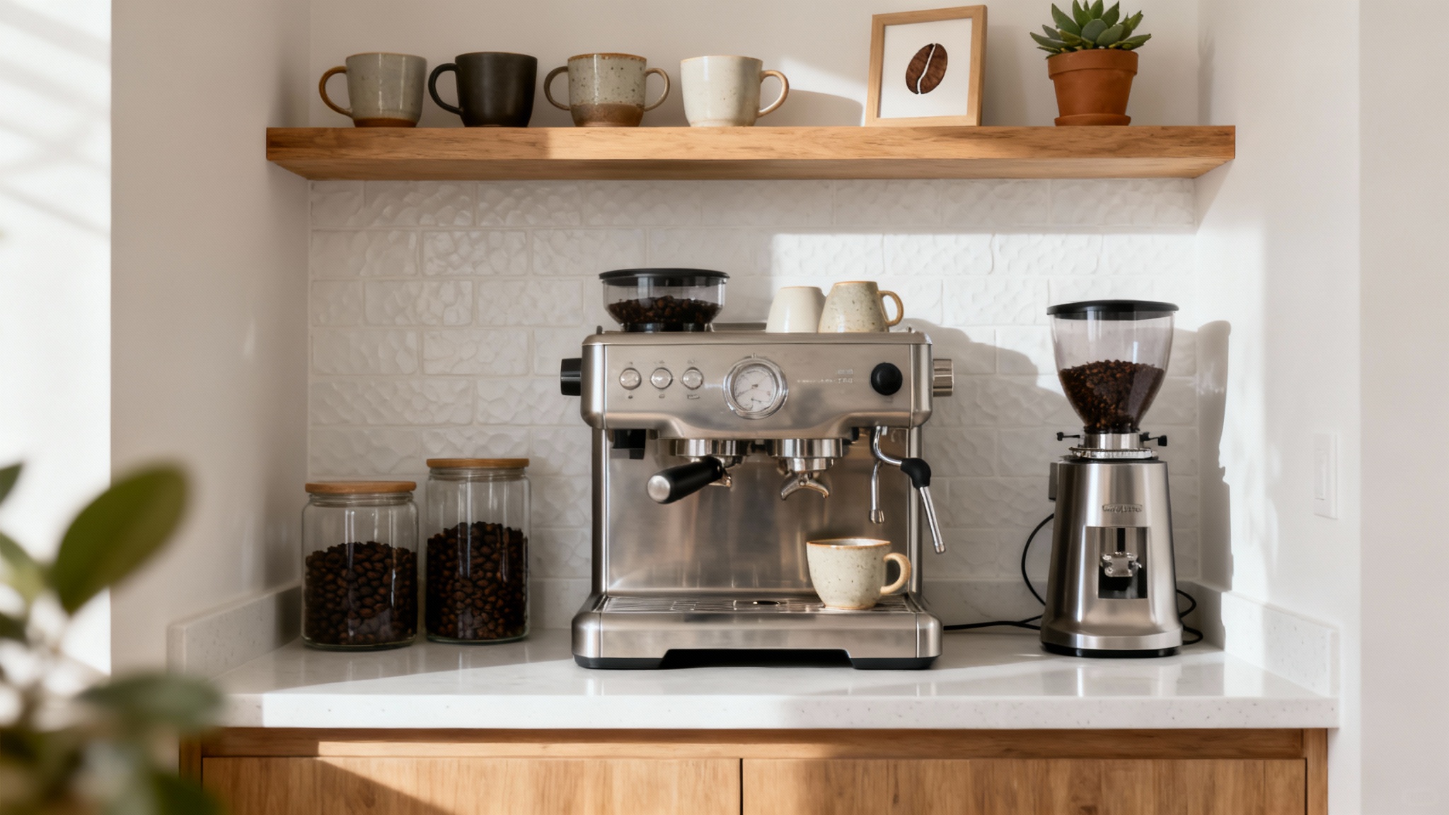 An eye-catching hero image of a beautifully organized small kitchen coffee bar, featuring a sleek espresso machine, grinder, and minimalist decor on a white countertop.