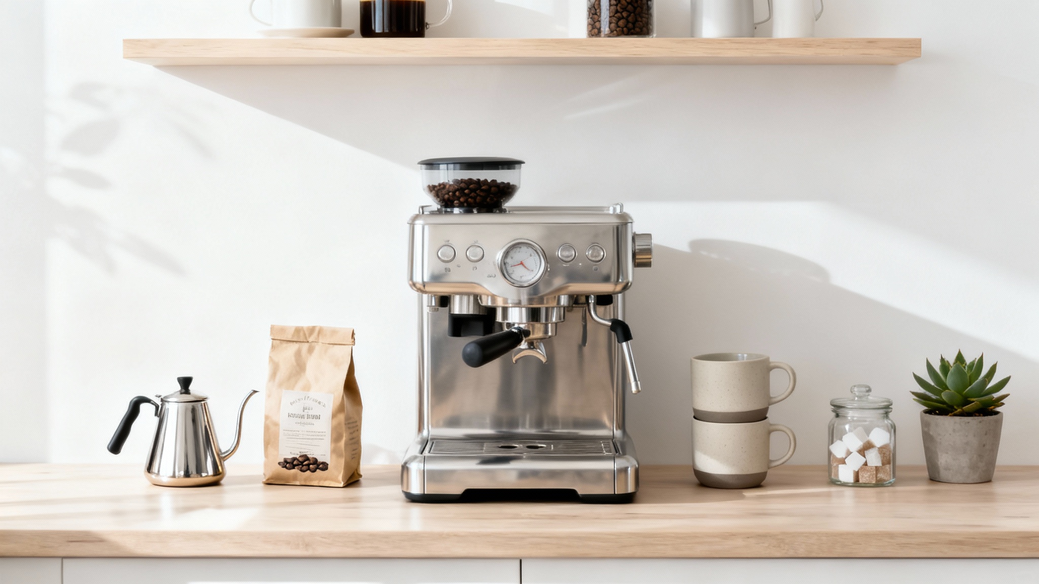 A minimalist and modern small kitchen coffee bar featuring a chrome espresso machine, gooseneck kettle, and ceramic mugs neatly arranged on a light wooden countertop against a clean white background.