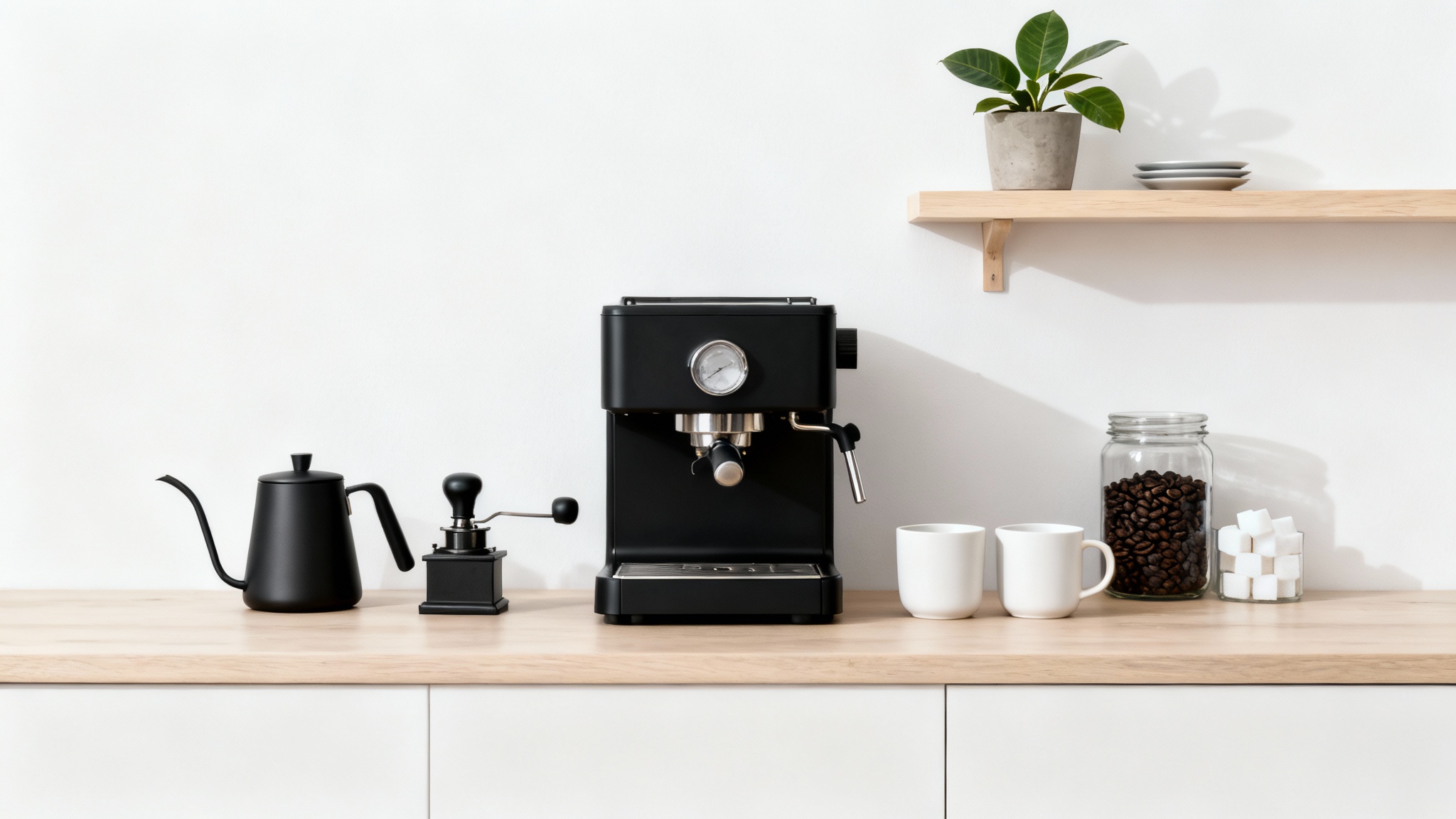 A clean and modern mockup of a small kitchen coffee bar featuring a compact espresso machine, gooseneck kettle, and ceramic mugs on a wooden counter, all against a plain white background.