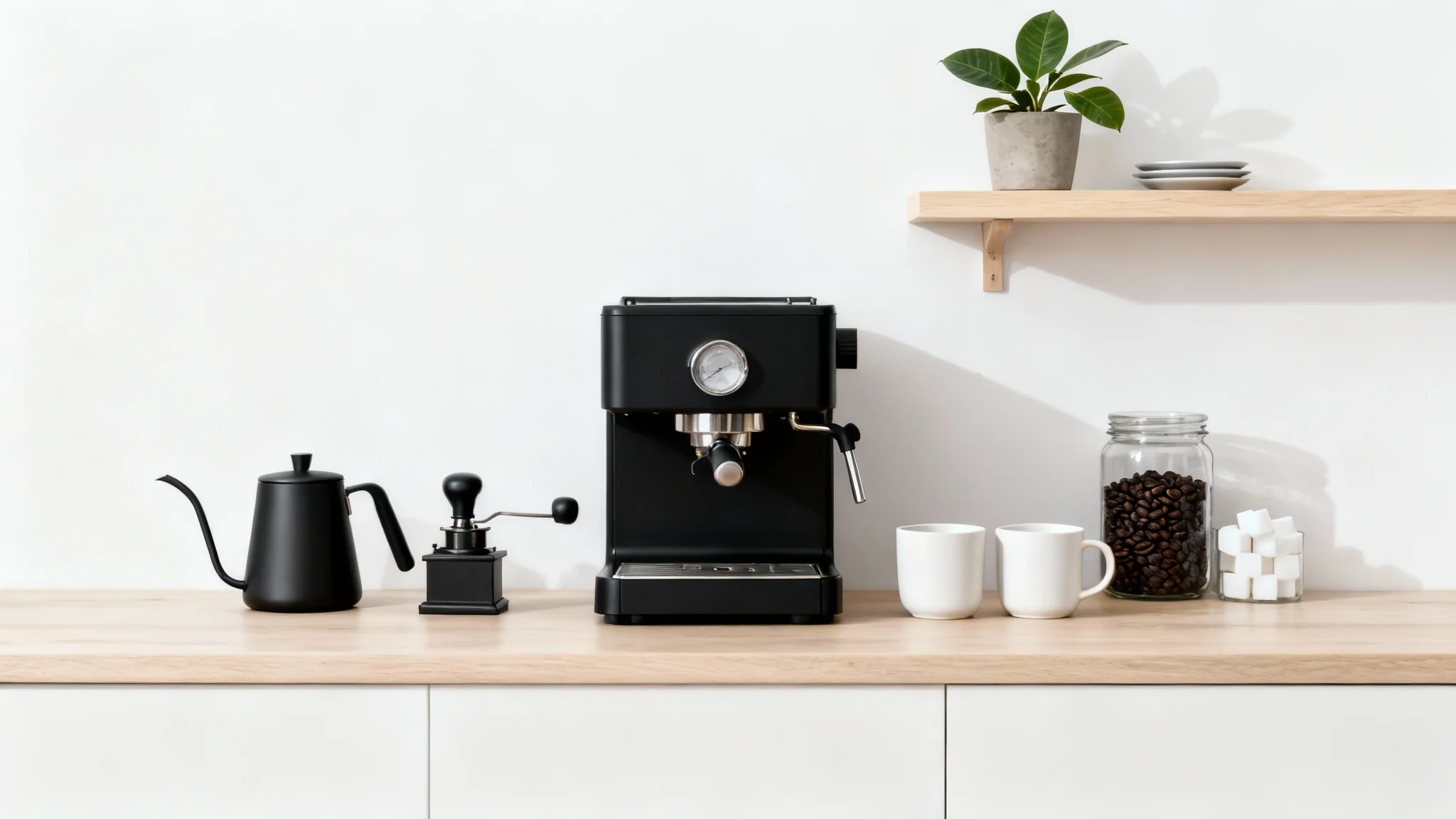 A clean and modern mockup of a small kitchen coffee bar featuring a compact espresso machine, gooseneck kettle, and ceramic mugs on a wooden counter, all against a plain white background.