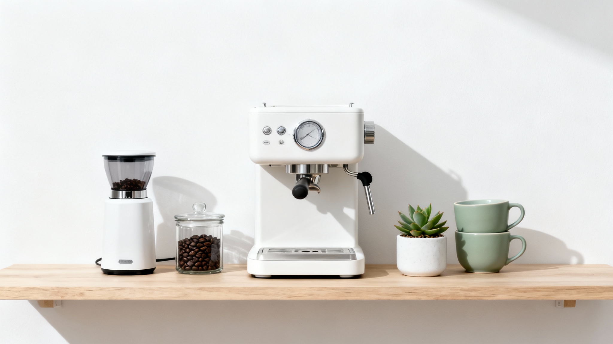 A minimalist small kitchen coffee bar setup on a floating wooden shelf against a white background, featuring a white espresso machine, grinder, and sage green mugs.