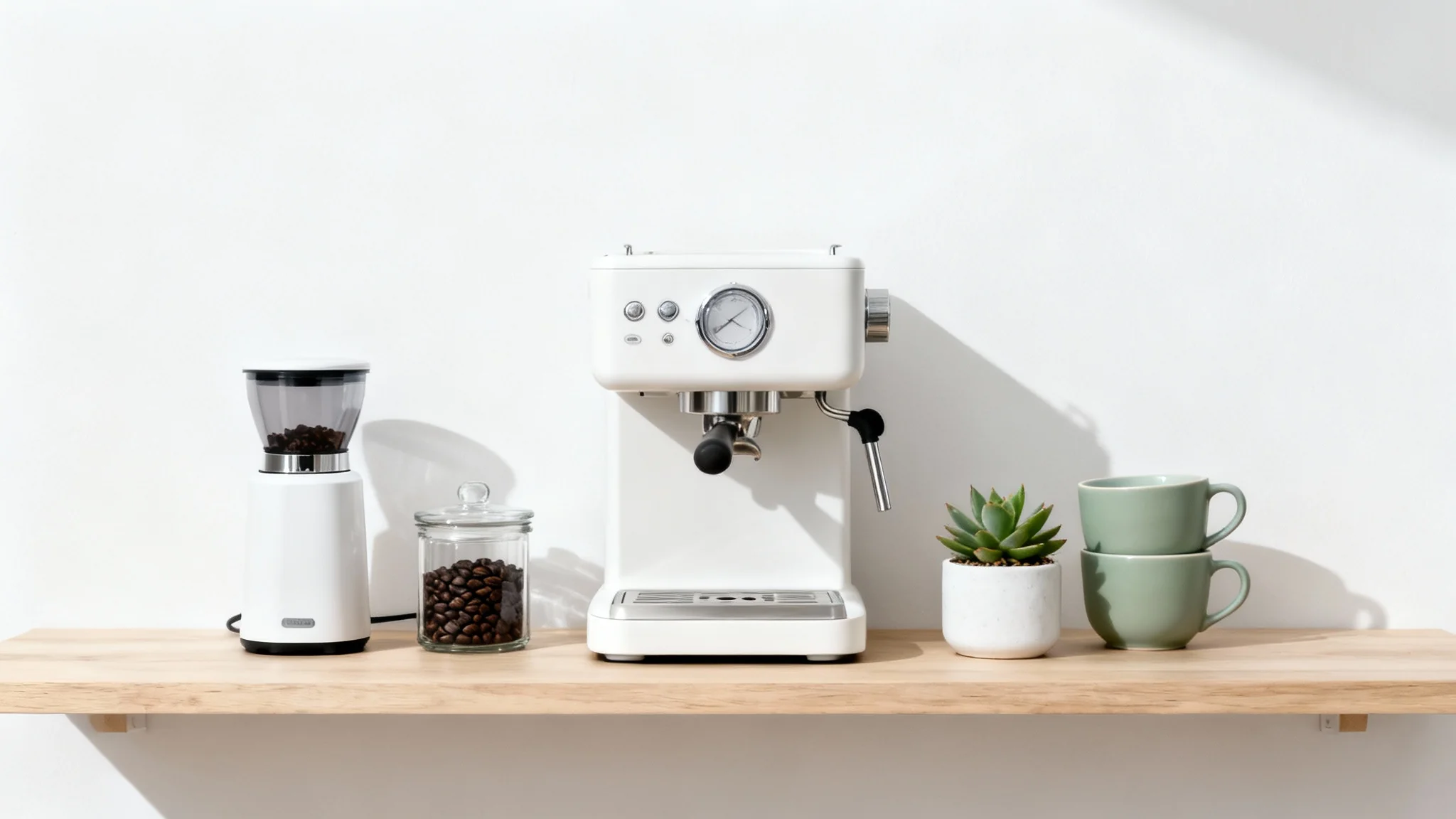 A minimalist small kitchen coffee bar setup on a floating wooden shelf against a white background, featuring a white espresso machine, grinder, and sage green mugs.