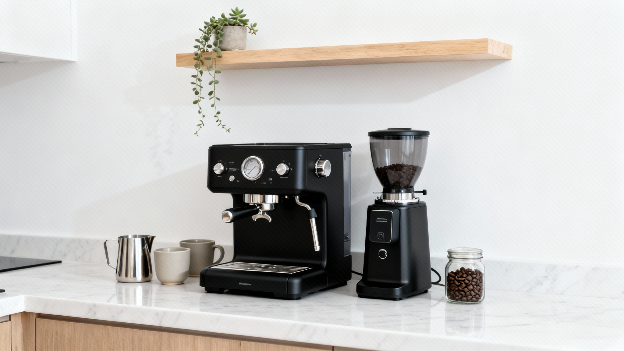 A modern, small kitchen coffee bar setup with a black espresso machine, grinder, and mugs on a marble surface against a clean white background.