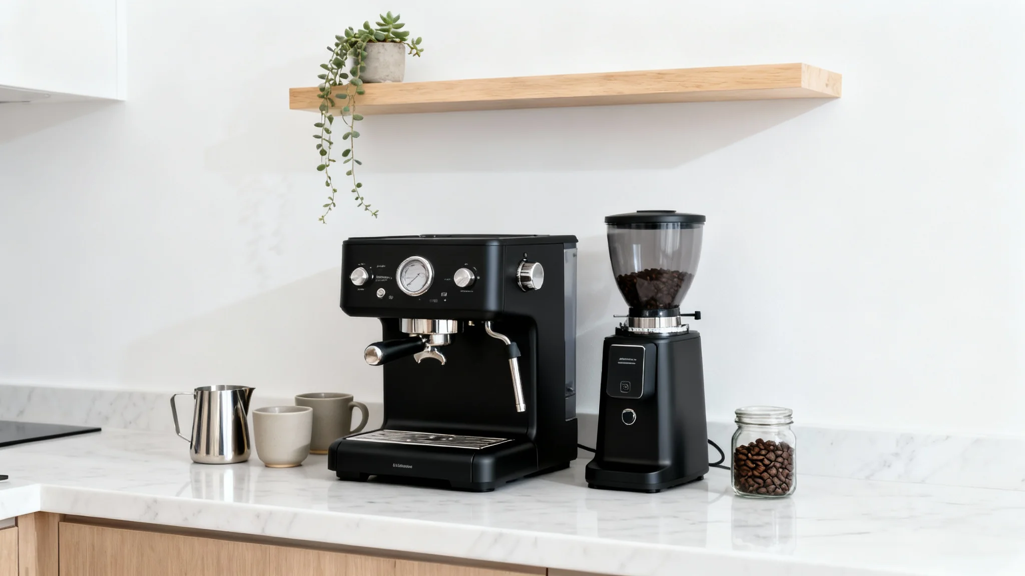 A modern, small kitchen coffee bar setup with a black espresso machine, grinder, and mugs on a marble surface against a clean white background.