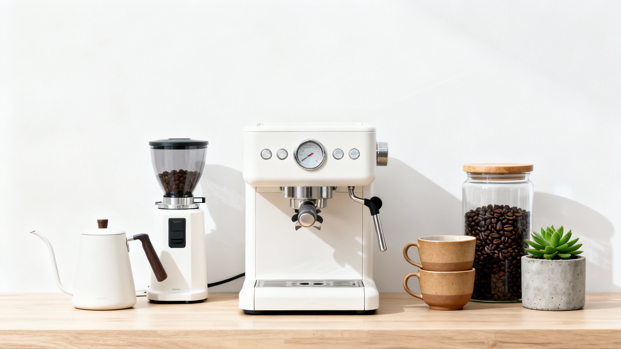 A minimalist and modern small kitchen coffee bar setup on a wooden counter against a white background, featuring a white espresso machine, grinder, and ceramic mugs.