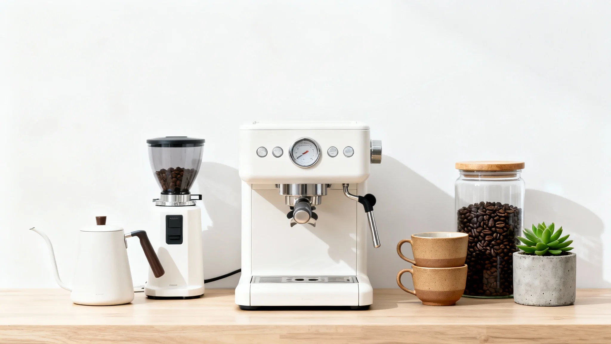 A minimalist and modern small kitchen coffee bar setup on a wooden counter against a white background, featuring a white espresso machine, grinder, and ceramic mugs.