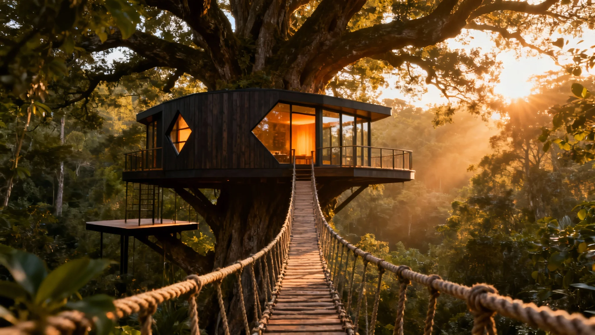 A beautifully designed modern treehouse perched high in a large tree, illuminated by the golden light of sunset in a lush forest.