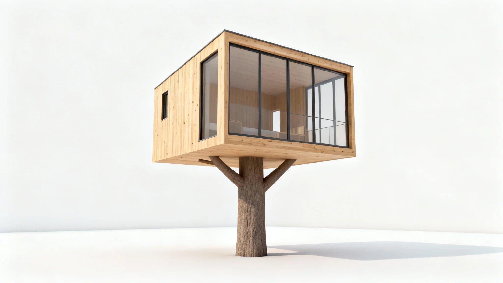 An architectural model of a modern wooden treehouse with large glass windows, displayed on a section of a tree trunk against a plain white background.
