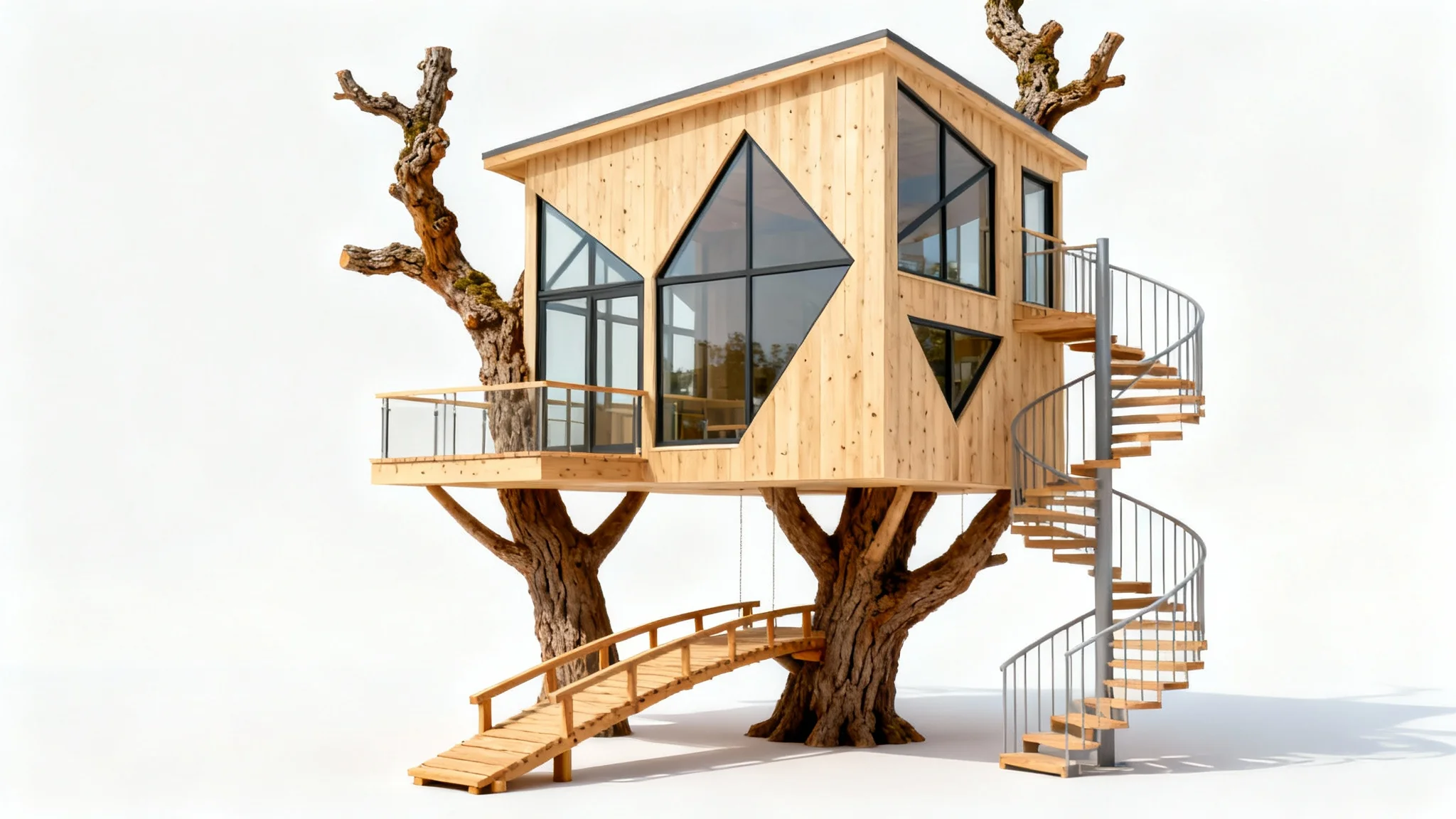 A detailed architectural mockup of a modern, multi-level wooden treehouse with large windows, set against a plain white background.