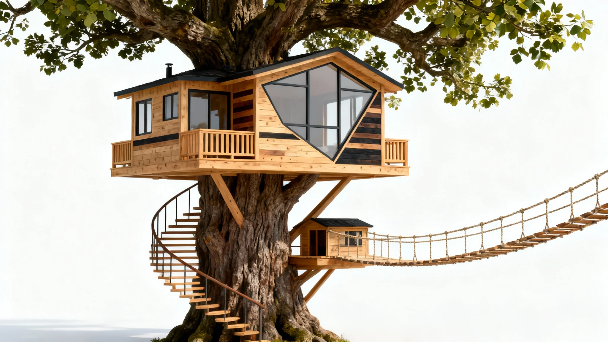 A sophisticated architectural model of a modern multi-level treehouse with a spiral staircase and rope bridge, displayed against a clean white background.