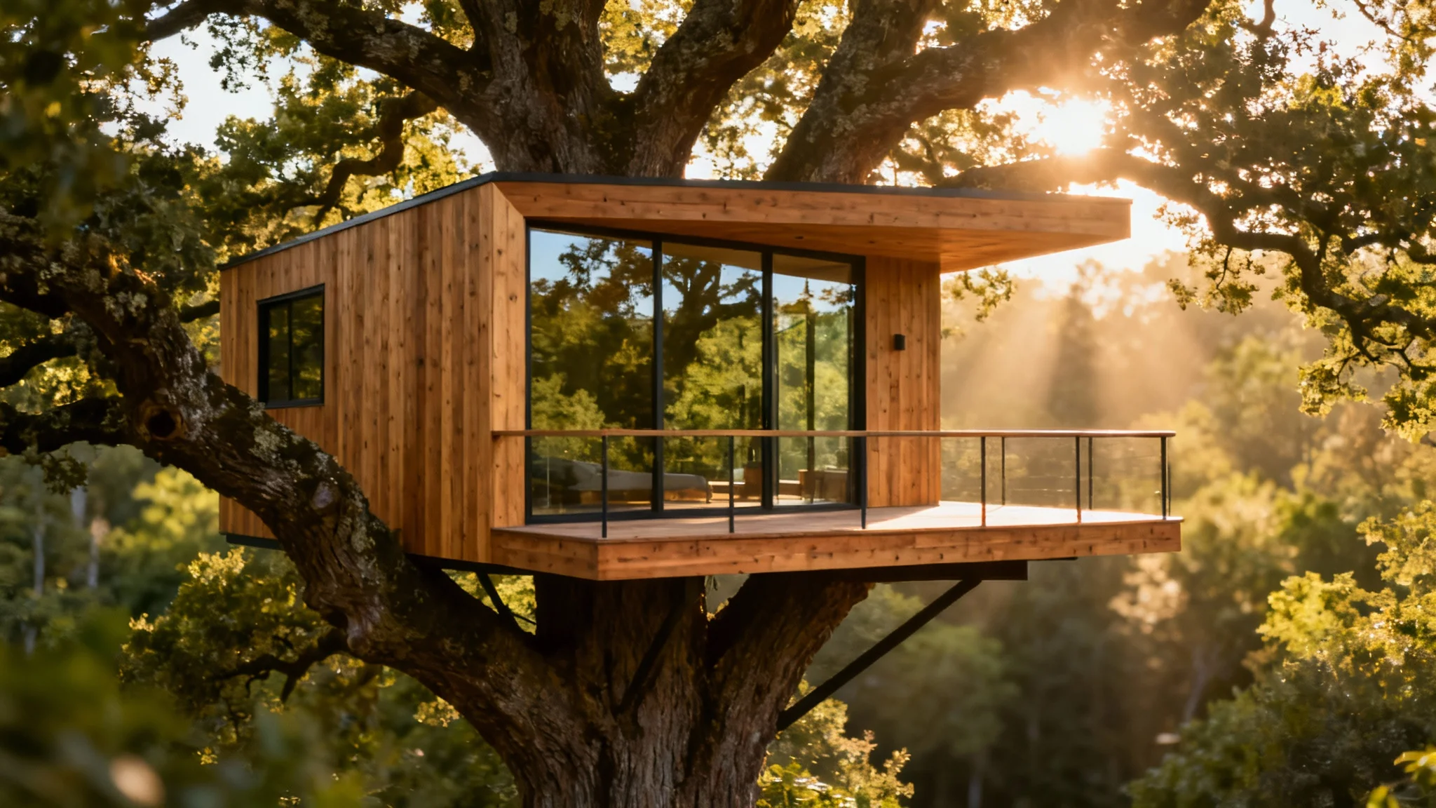 A beautifully designed modern wooden treehouse with large glass windows, set high up in a large tree in a serene, sunlit forest.