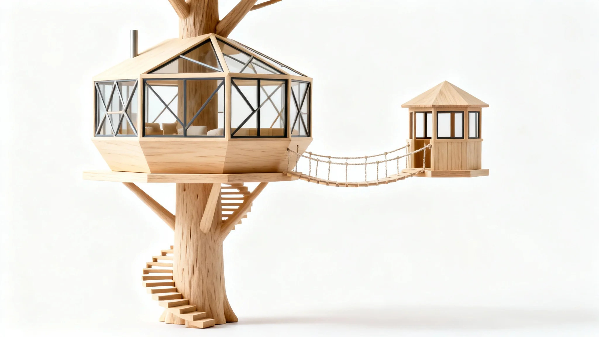 An architectural model of a modern multi-level treehouse with large windows and a rope bridge, isolated against a plain white background.