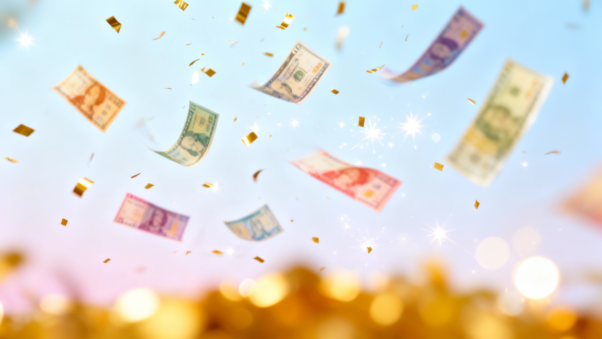 A high-resolution image capturing a still frame from a finished animation, showing a celebratory cascade of colorful falling money, confetti, and sparkles against a bright background.
