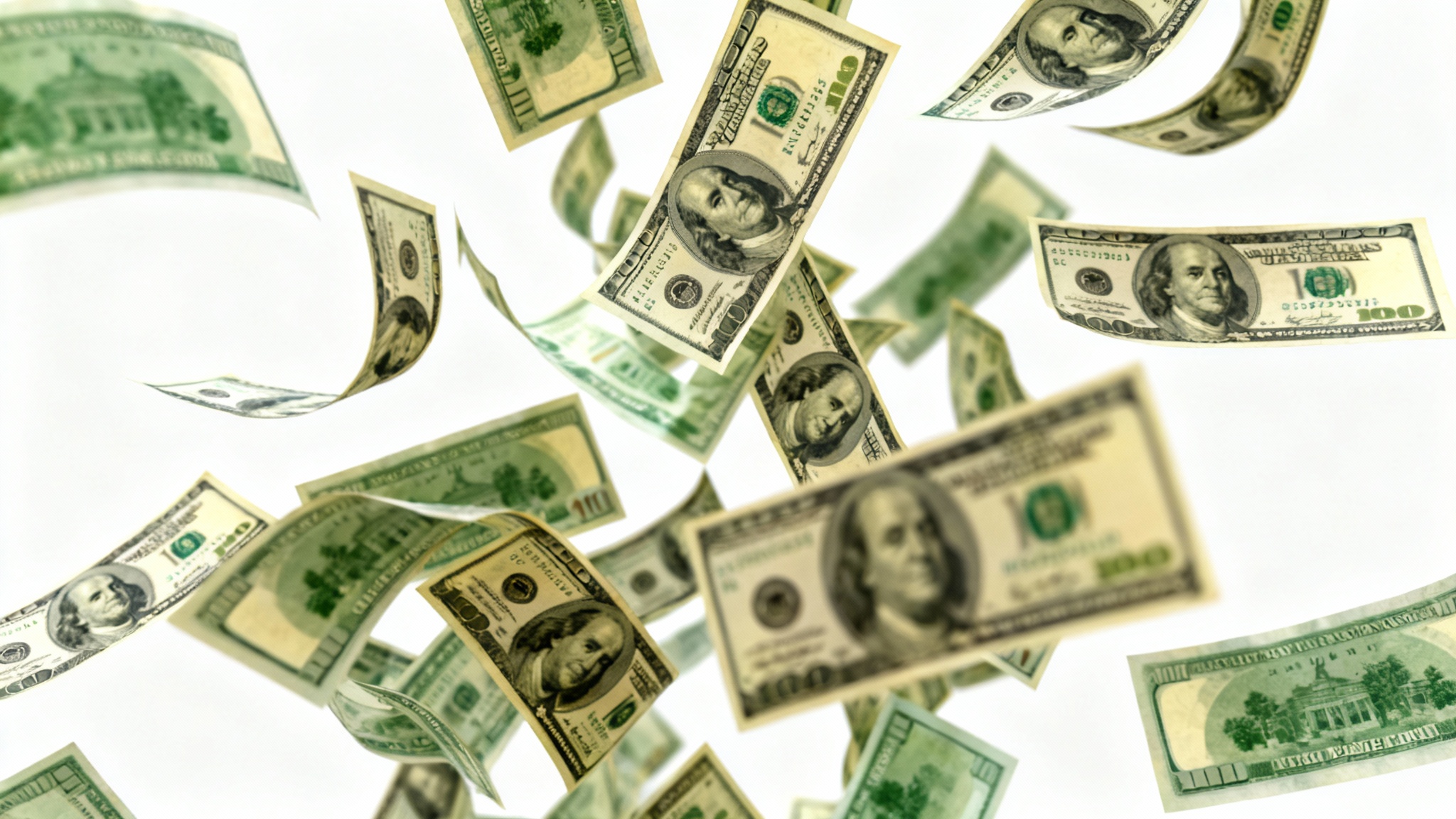 A photorealistic image of numerous hundred-dollar bills captured in mid-fall against a stark white background, creating a dynamic sense of motion and wealth.