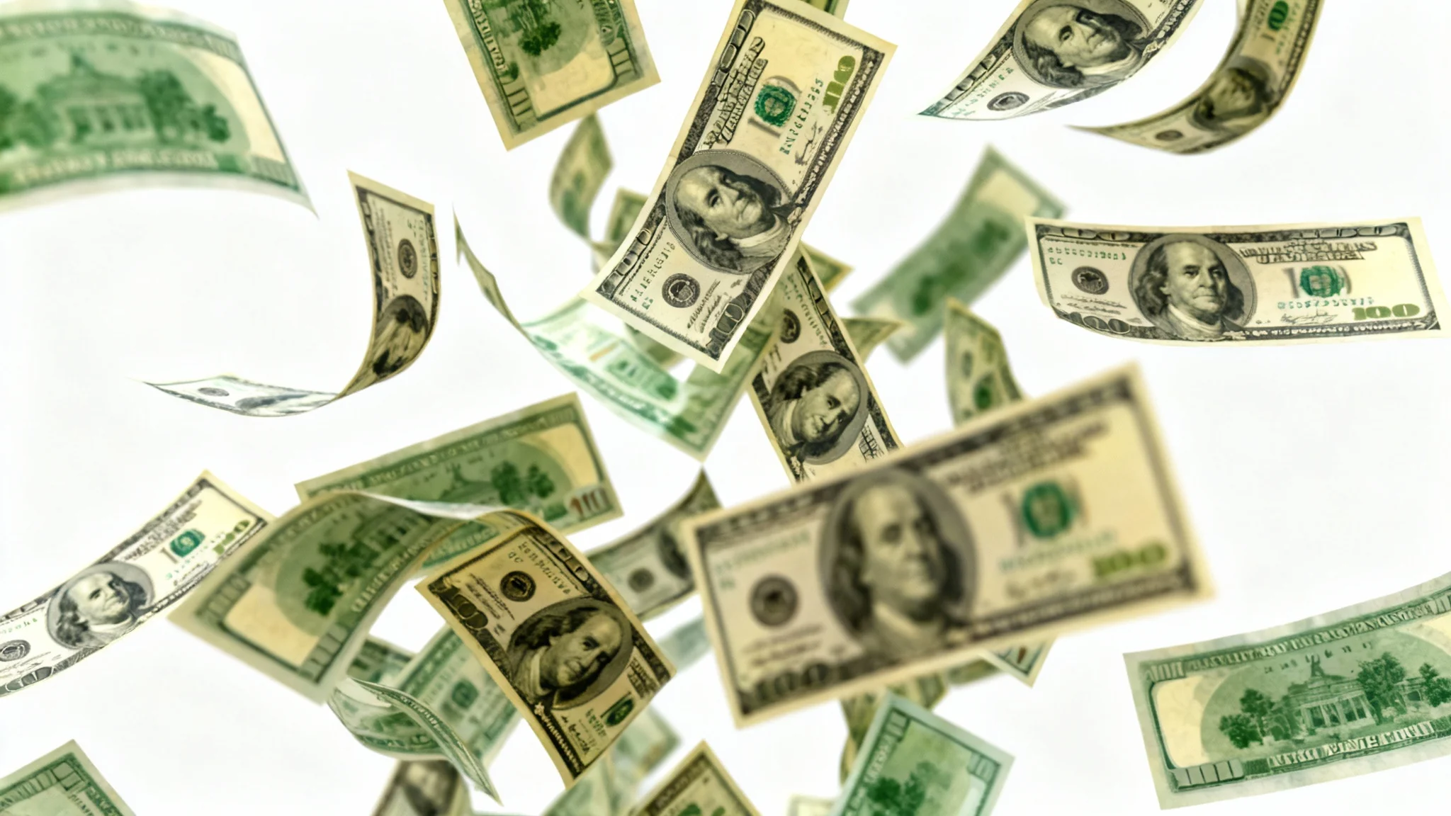 A photorealistic image of numerous hundred-dollar bills captured in mid-fall against a stark white background, creating a dynamic sense of motion and wealth.