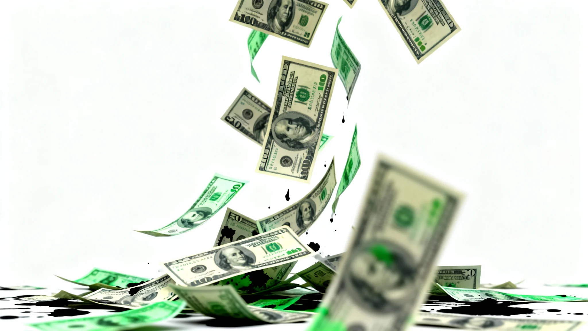 A photorealistic image of a cascade of US dollar bills falling against a plain white background, conveying wealth and abundance.