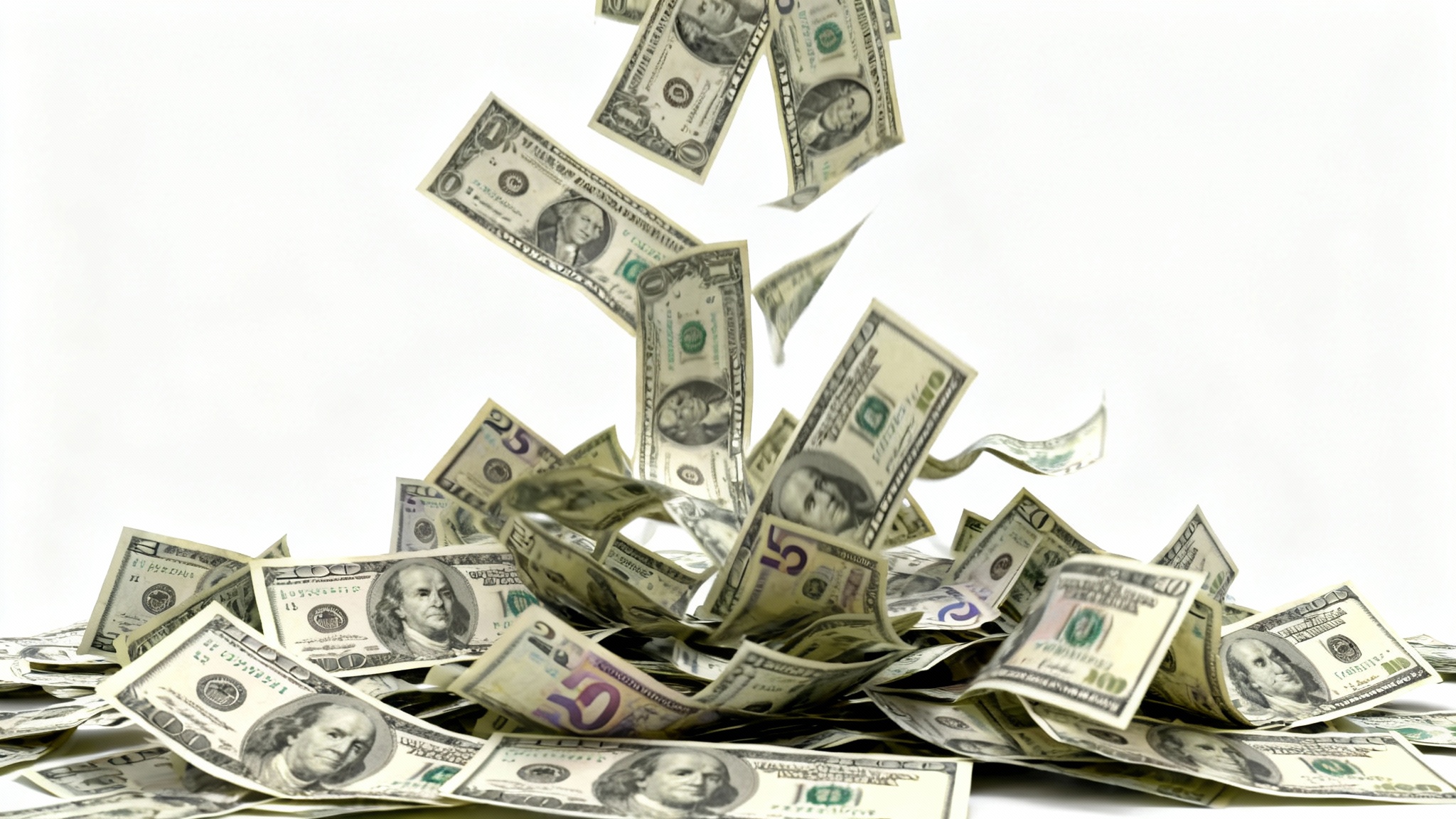 A vibrant cascade of US dollar bills frozen in mid-fall against a plain white background, symbolizing wealth and profit.