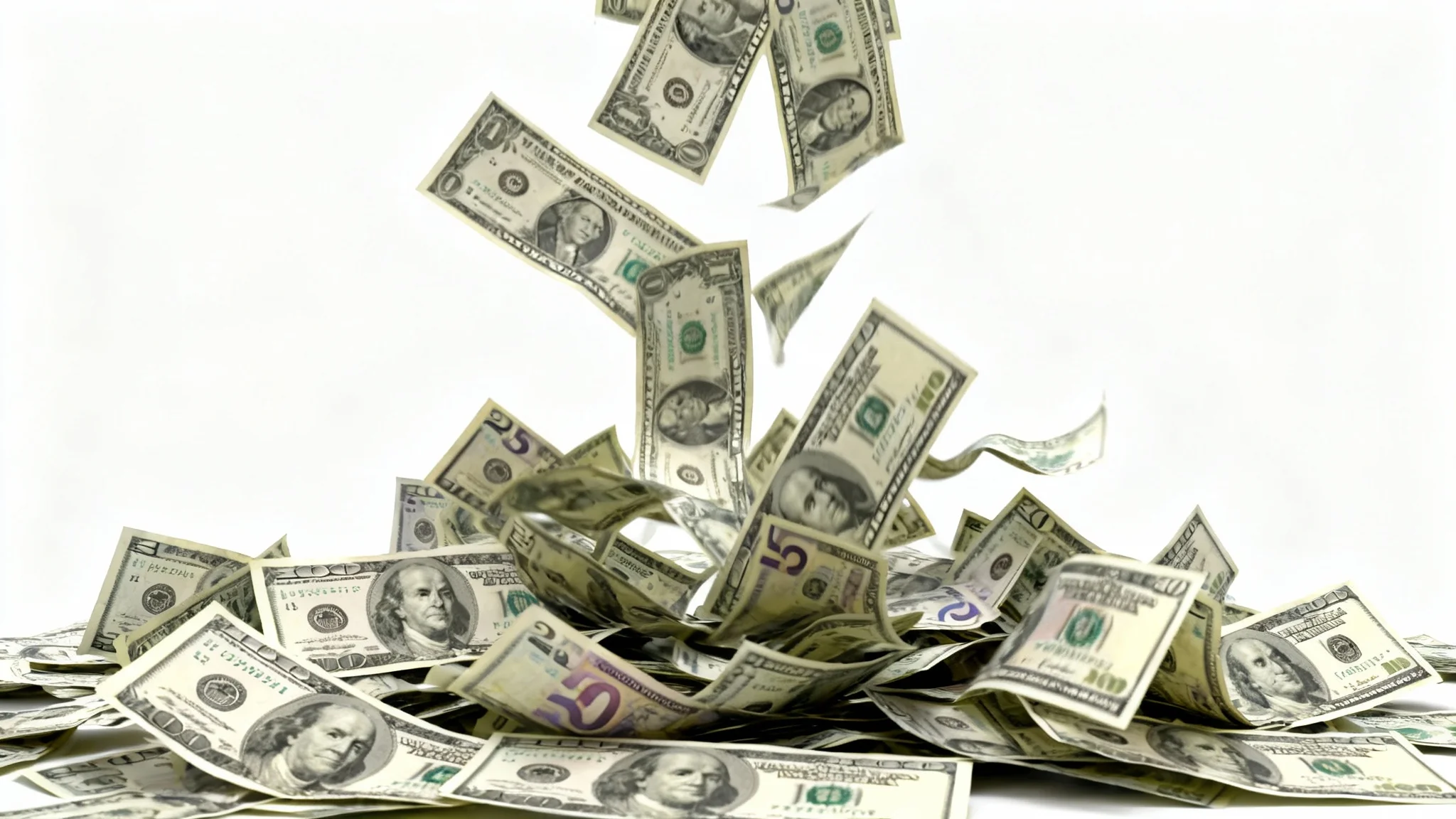 A vibrant cascade of US dollar bills frozen in mid-fall against a plain white background, symbolizing wealth and profit.