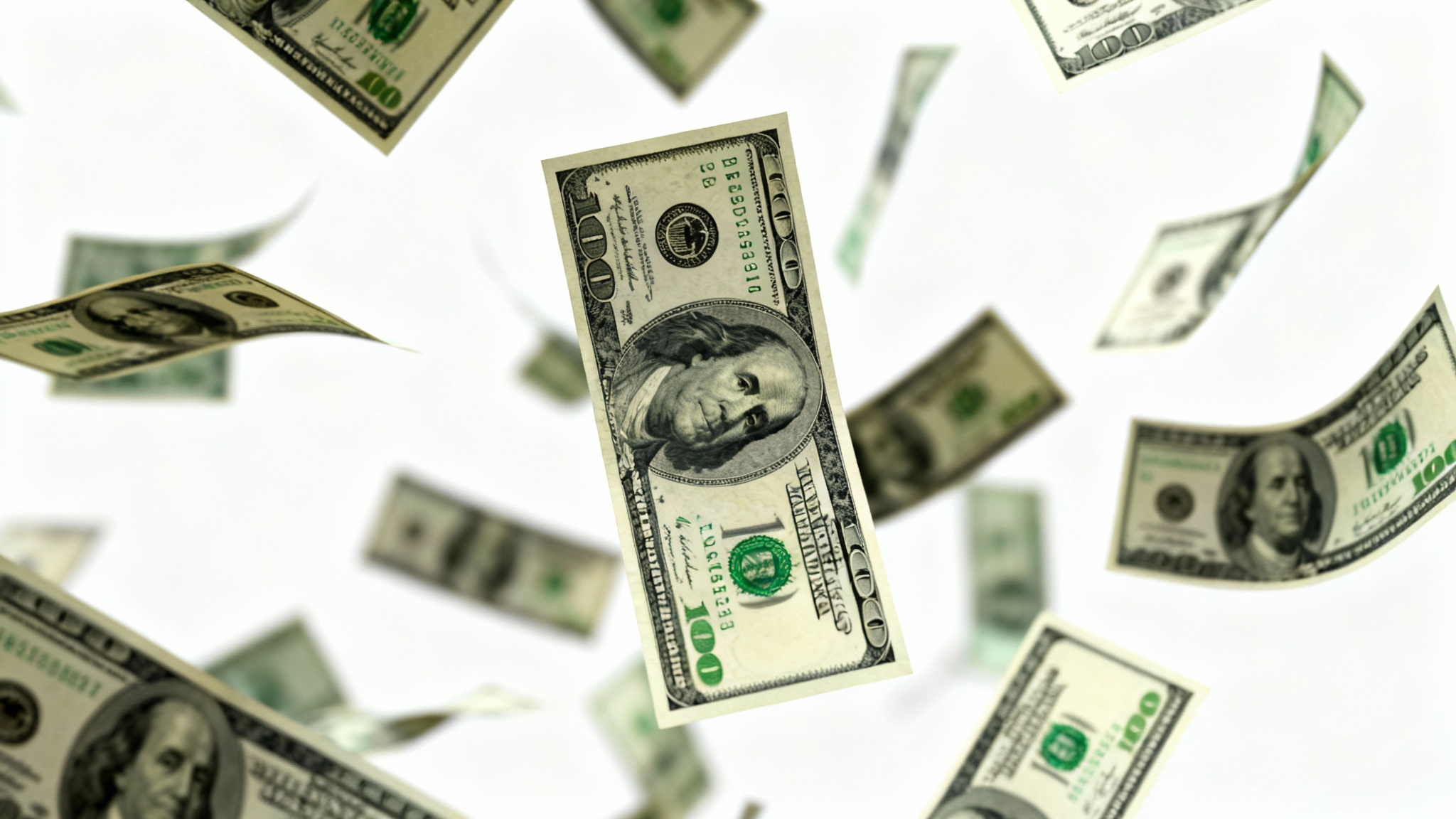 An animation-style image of hundred-dollar bills caught mid-fall against a clean white background, symbolizing wealth and financial success.