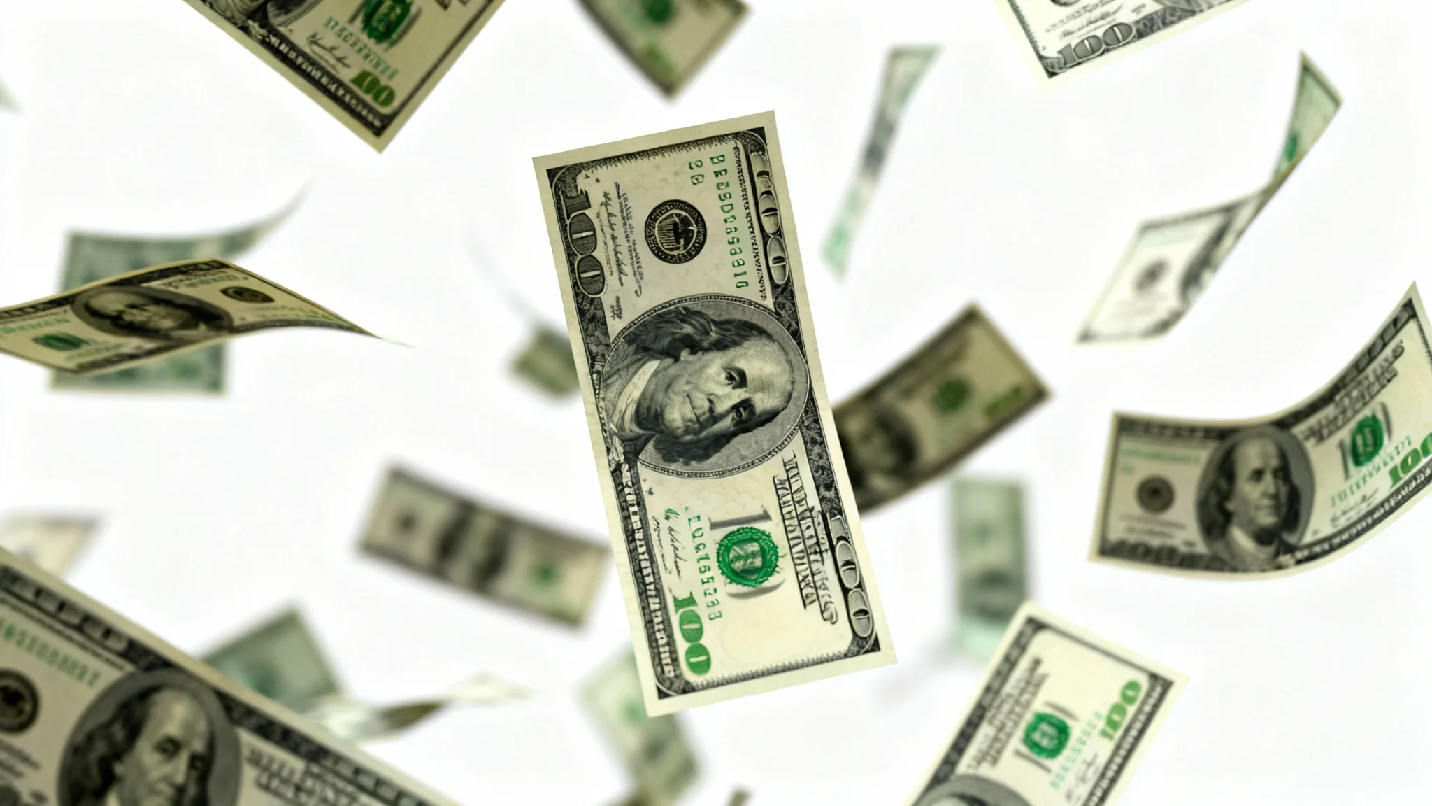 An animation-style image of hundred-dollar bills caught mid-fall against a clean white background, symbolizing wealth and financial success.