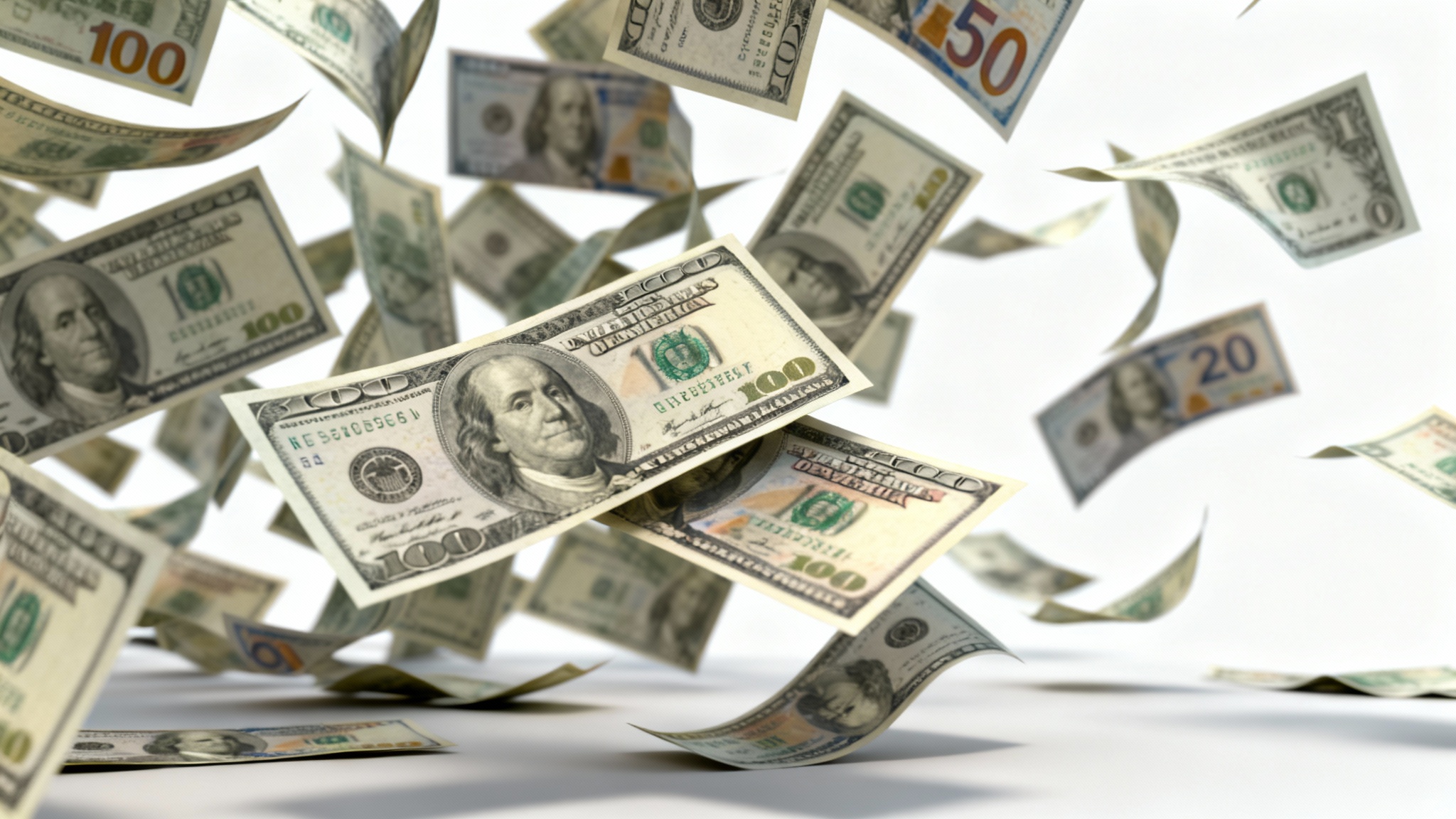 A vibrant animation still of United States dollar bills fluttering down against a clean white background, symbolizing wealth and success.